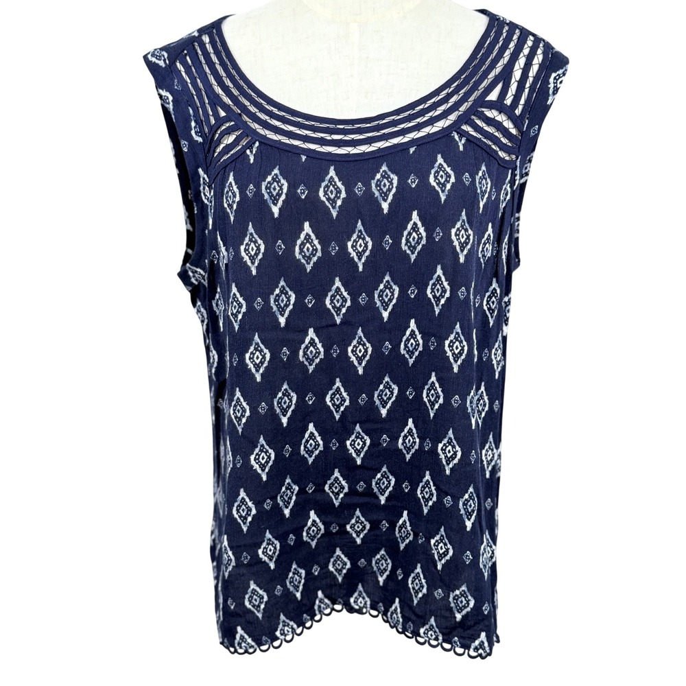 Amiko Crochet Neck Top L Ikat Diamond Print Tribal Resort Artisan Boho Eclectic
